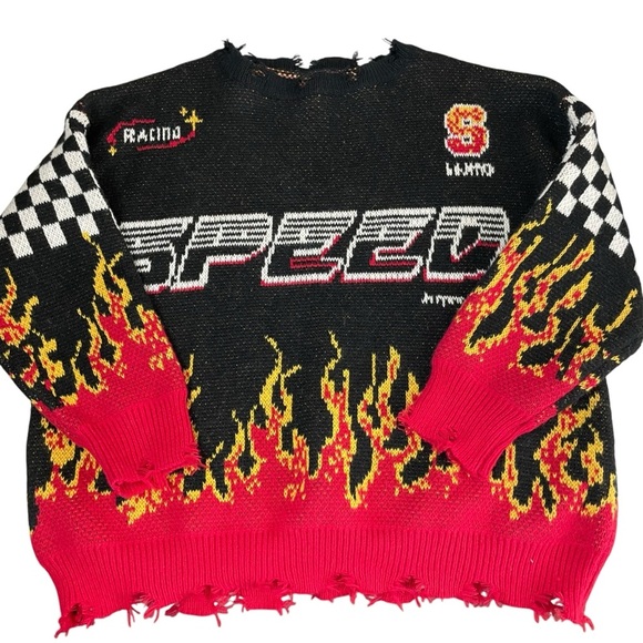Bikercore Fire & Letter Speed Flame Pattern Drop Shoulder Sweater 2XL - Picture 14 of 15